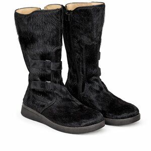 Naturino Italy Black Calfskin Fur Boots Girls EU 34 US 3 Mid-Calf Zip Velcro